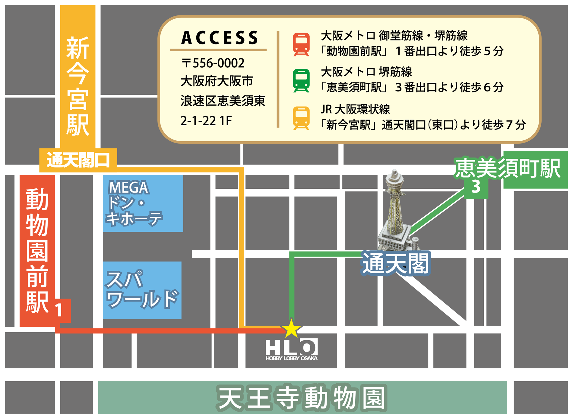 「海洋堂ホビーロビー大阪」アクセスマップ。大阪メトロ 動物園前駅（1番出口）から徒歩5分、JR新今宮駅（通天閣口）からは徒歩7分