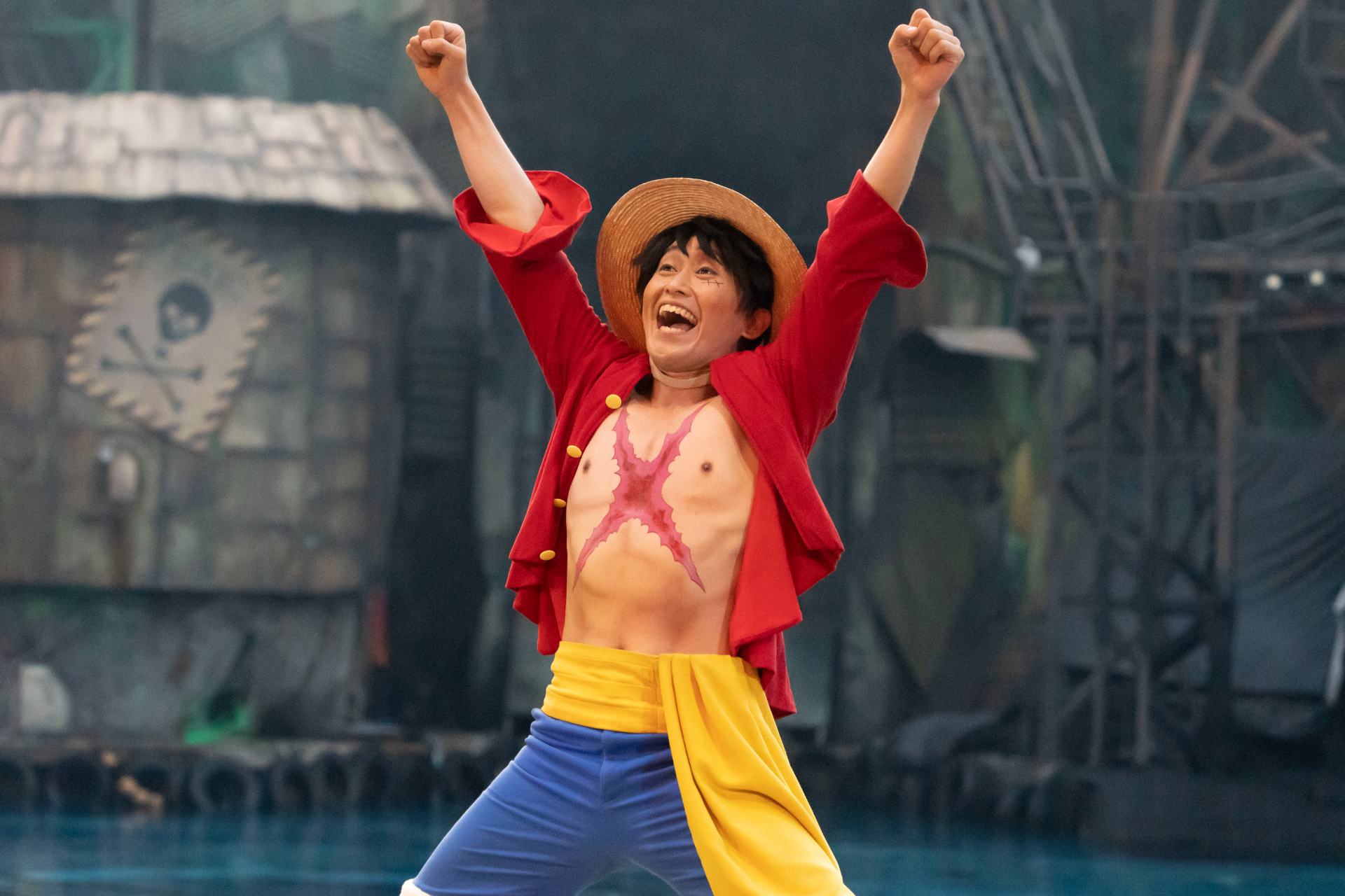 Luffy makes a high-energy entrance at the start of the story.