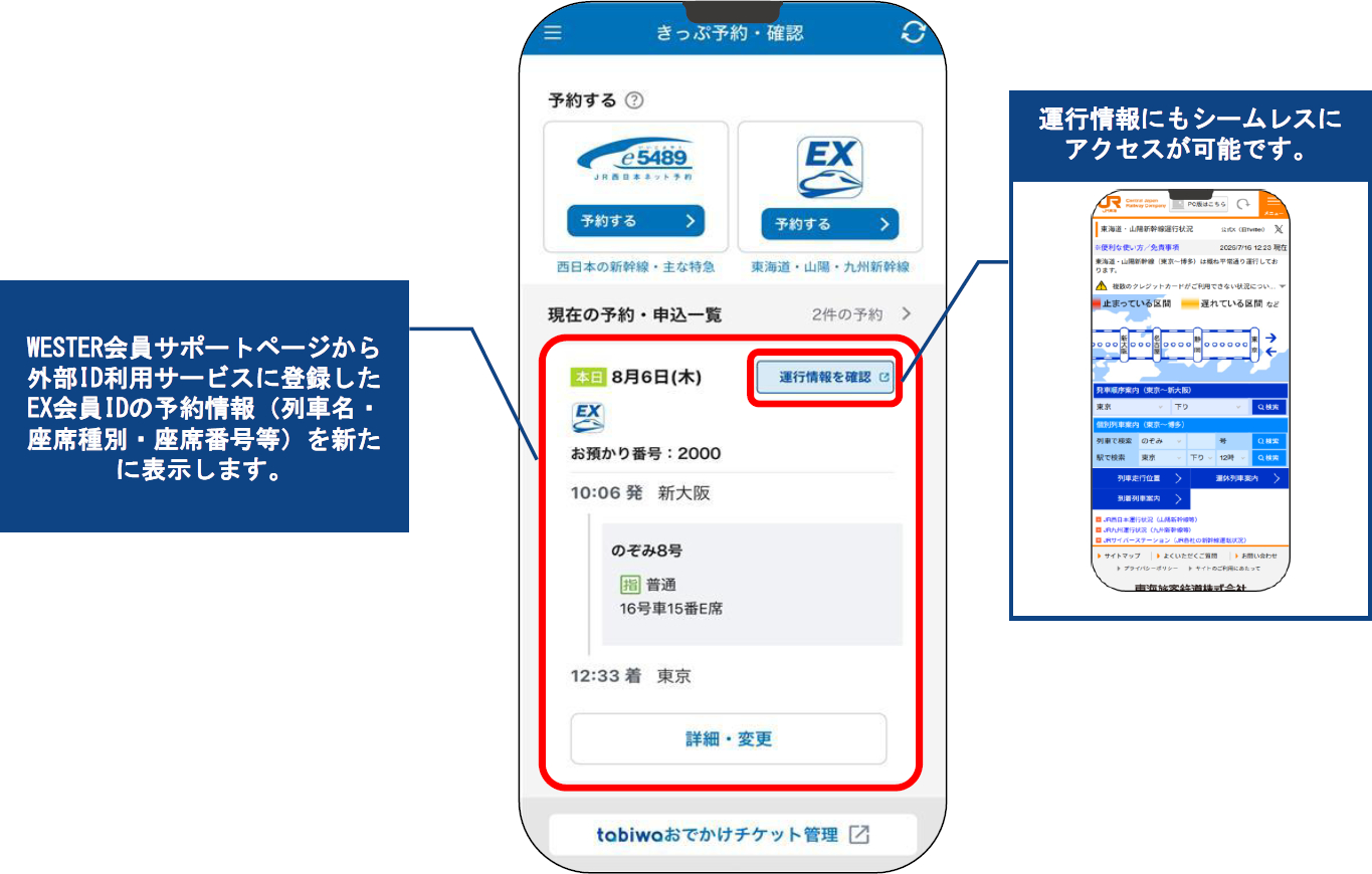 WESTERアプリ上でも「エクスプレス予約」および「スマートEX」の予約済み情報が確認可能に（画面表示イメージ）