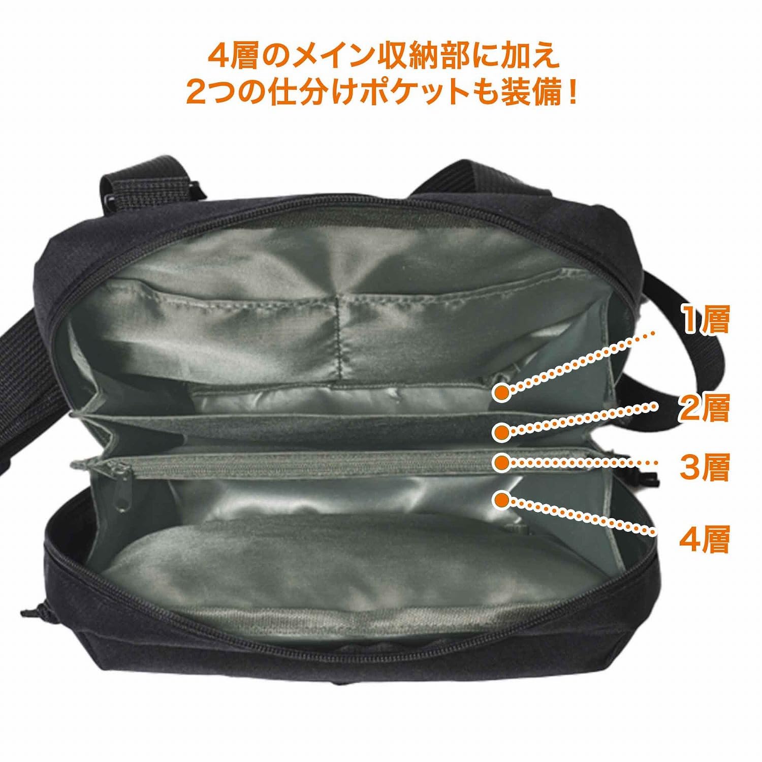 メイン収納はガバッと開く4層スペースと2つの仕切りポケット搭載。かさばる小物を整頓でき、お目当てのモノを見つけやすい