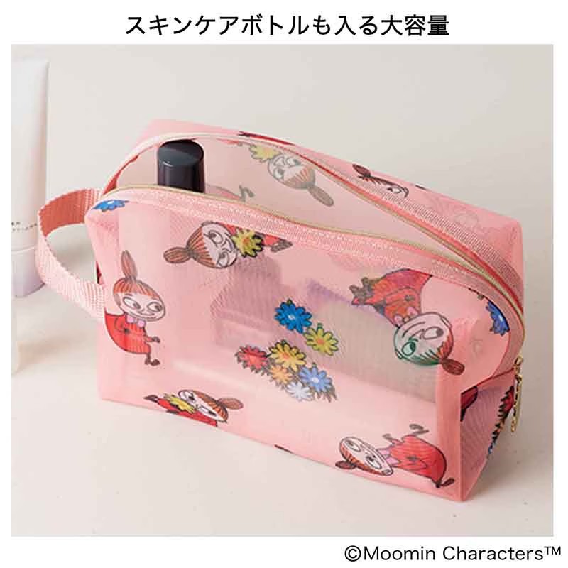 メッシュ素材にリトルミイ/ニョロニョロをプリントした大小ポーチ。ほどよく中身が分かる透け感で、小さく揺れるムーミンチャームもポイント
