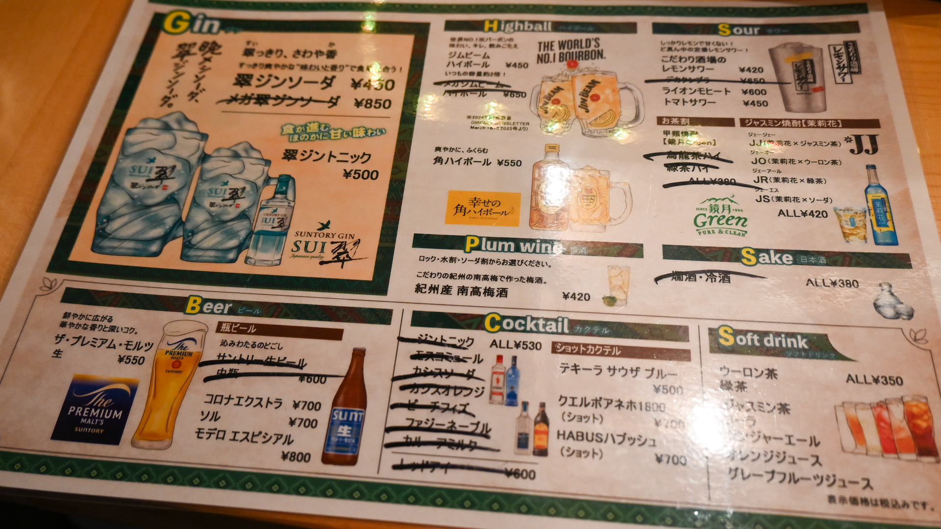 アルコールのメニュー。この店舗は早々にほとんどのメニューが売切れていたようだ