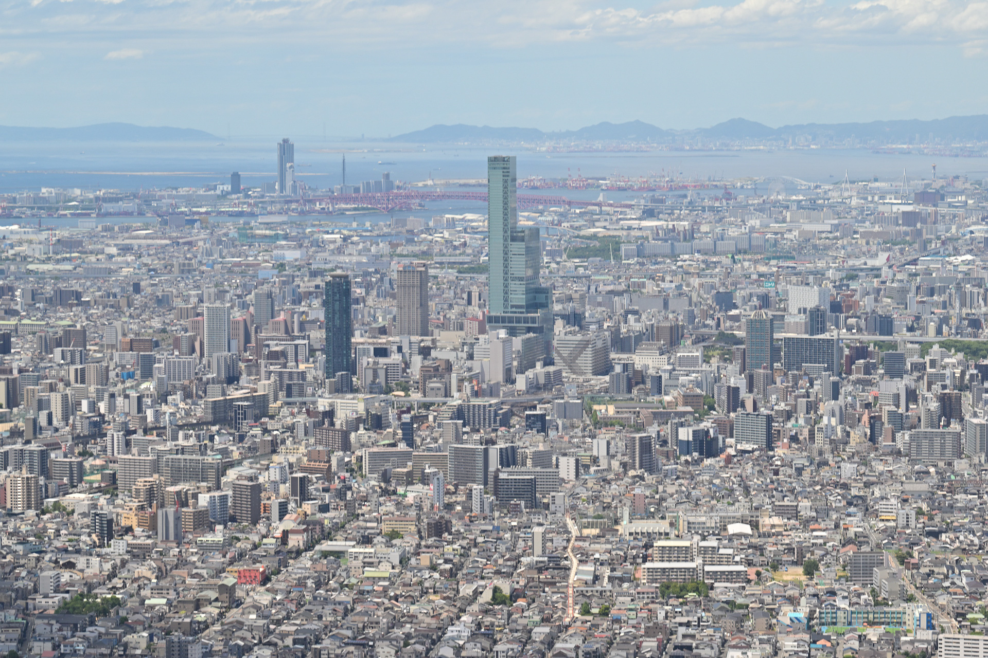 機内から望むあべのハルカスと大阪市街