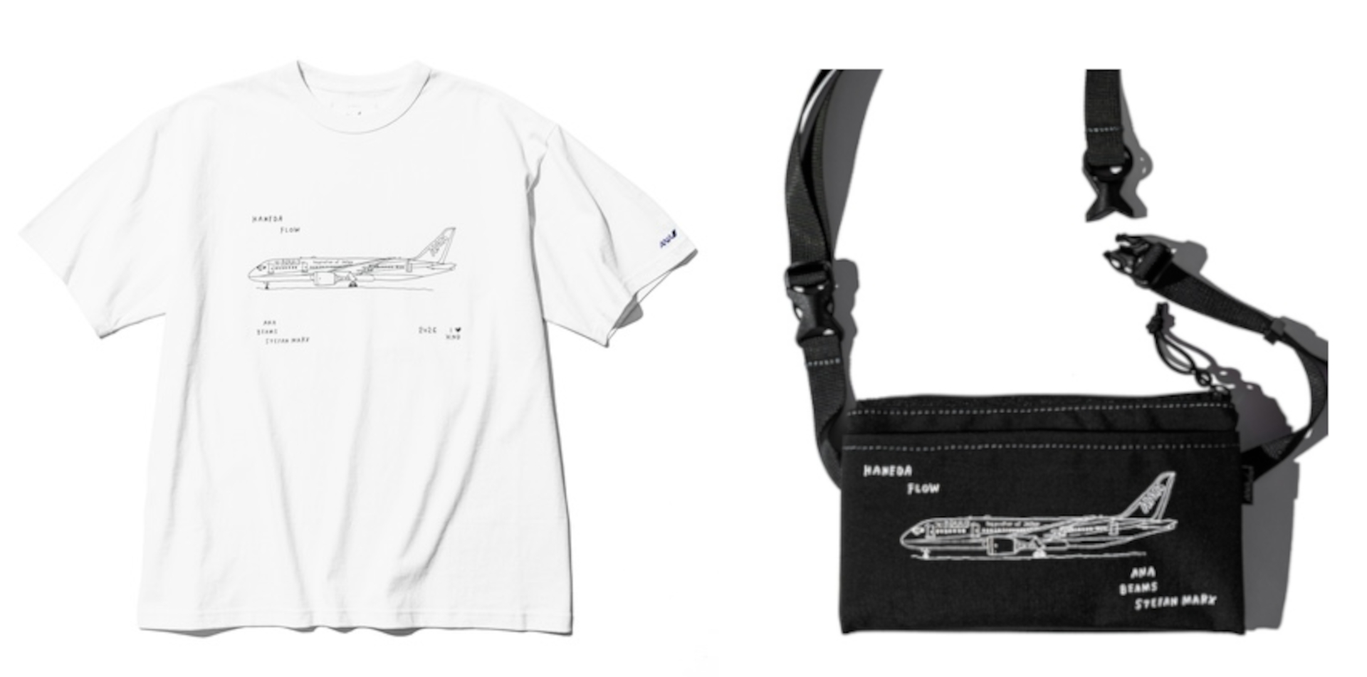 ANAとビームスがコラボした飛行機モチーフの白Tシャツ＆ポーチ発売