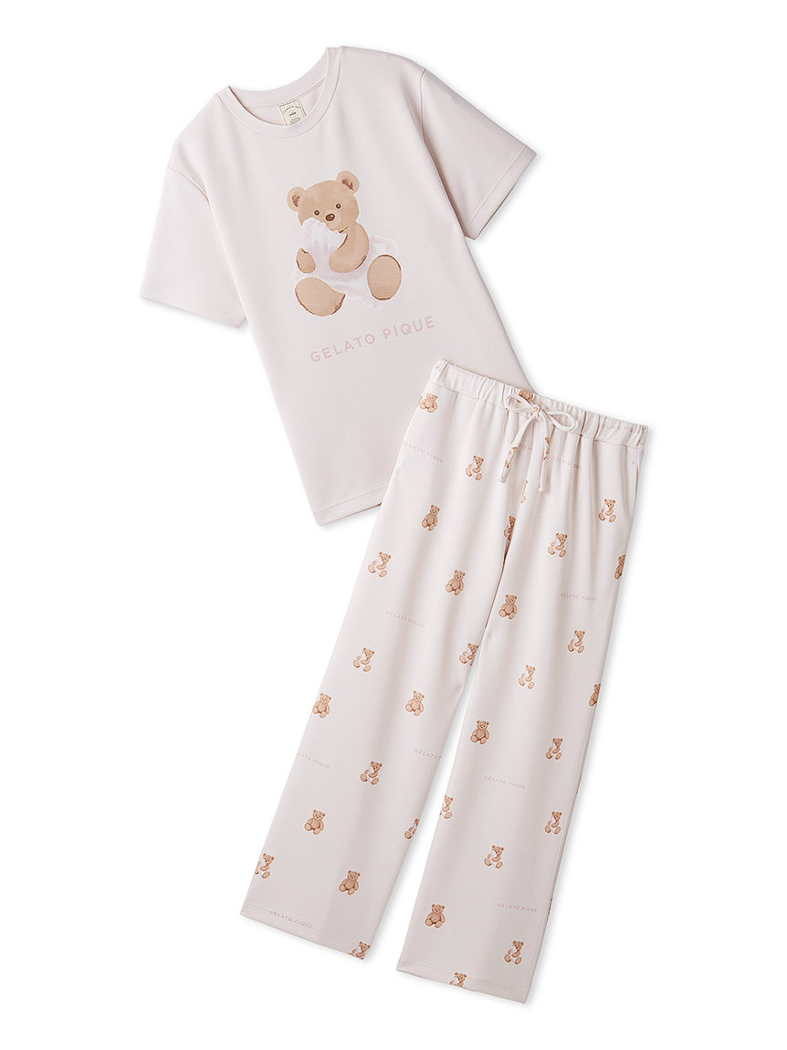 「GELATO PIQUE リカバリーミルフィーユTシャツ＆ロングパンツセット」（ピンク/オフホワイト/チャコールグレー）。チャコールグレーはメンズサイズのみ展開