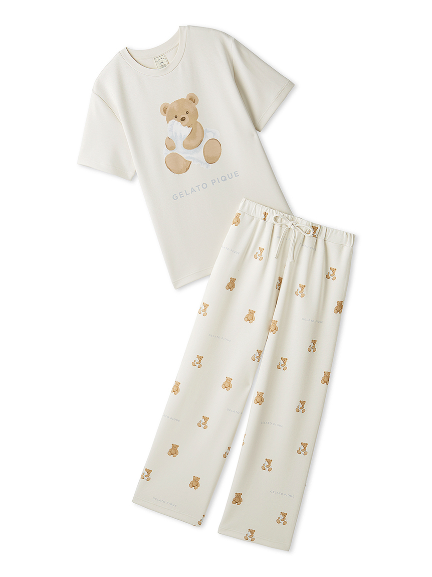 「GELATO PIQUE リカバリーミルフィーユTシャツ＆ロングパンツセット」（ピンク/オフホワイト/チャコールグレー）。チャコールグレーはメンズサイズのみ展開