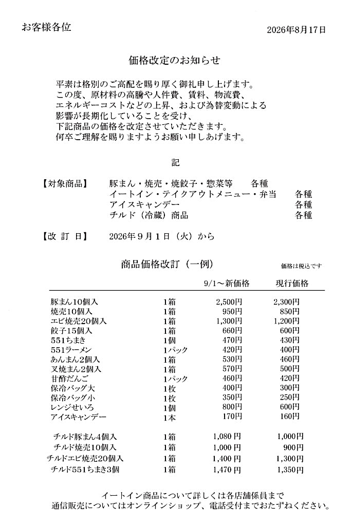 商品の現行価格と9月1日以降の新価格（一例）※画像を開いてからクリックで拡大