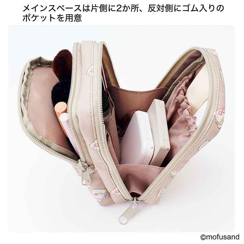 “パンにゃん”デザインが愛くるしい多機能ポーチ。メインとサブで収納スペースが分かれる2層式で、収納物の大きさや長さに合わせて整頓できるポケットが充実