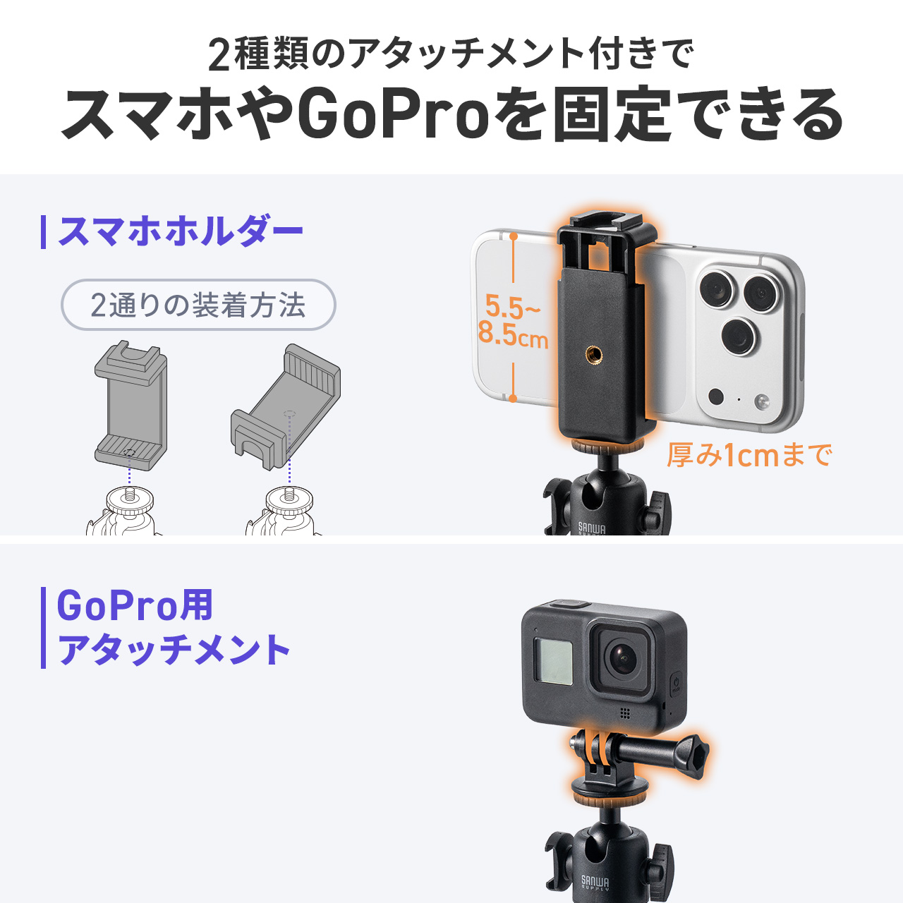GoProを固定できるアタッチメントが付属している