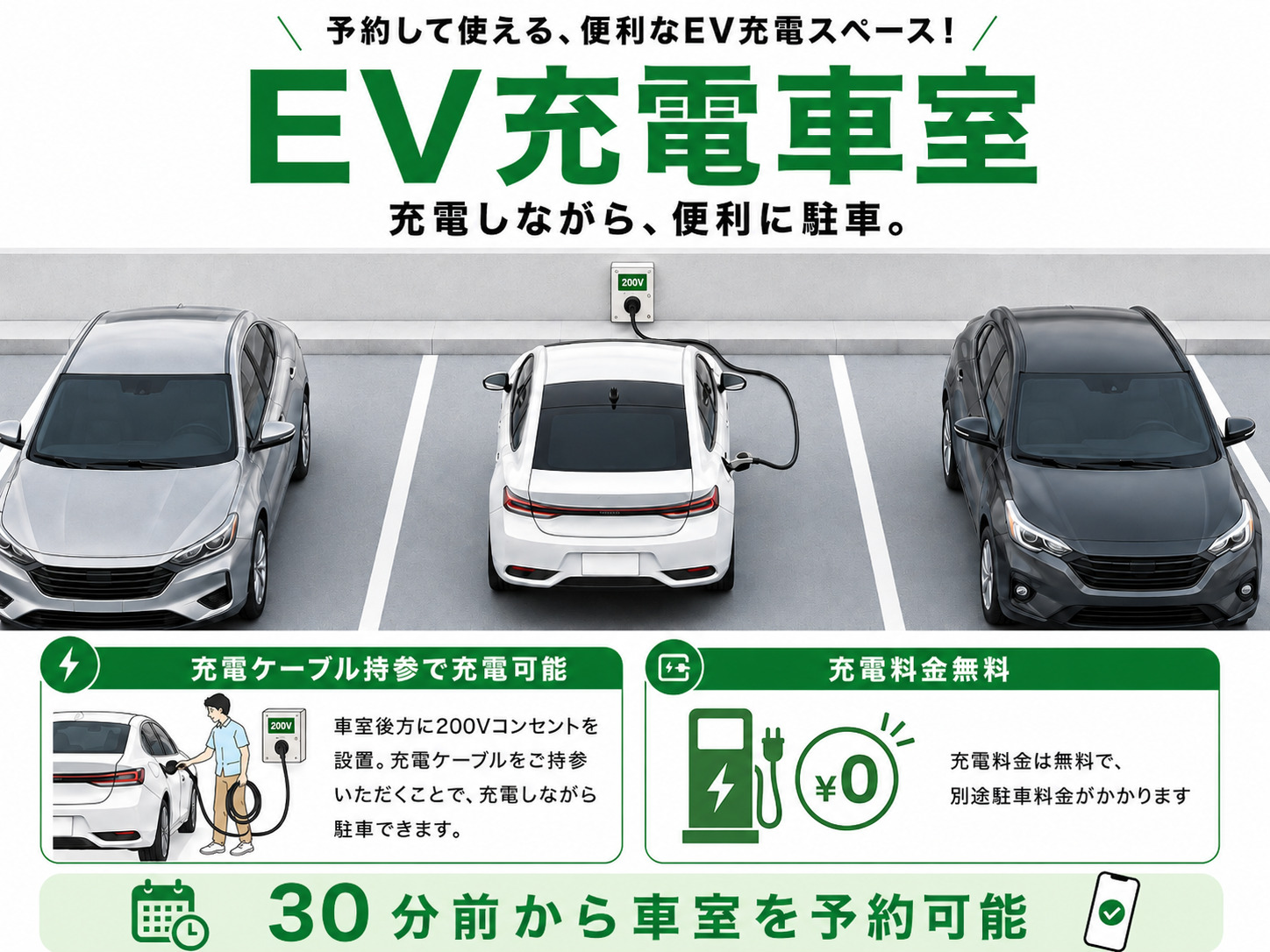 ケーブル持参なら無料で充電できるEV充電車室