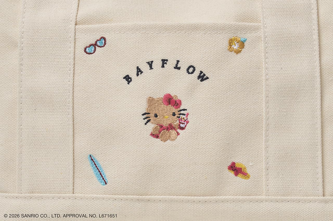 フロントポケットに日焼けキティと夏モチーフを刺繍。お出かけ必需品をしっかり携帯できるサイズ感