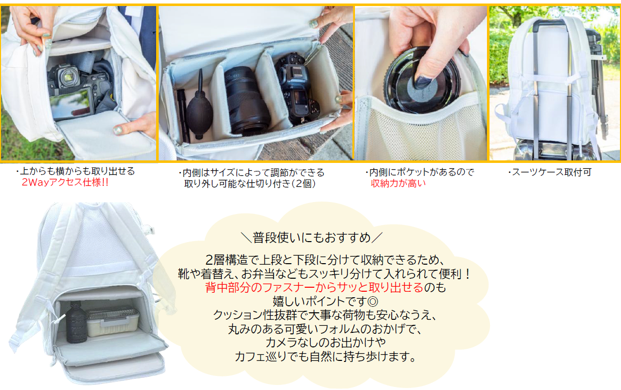 取り外し可能なインナーバッグと仕切り、キャリーオン機能、4つの内外ポケット、三脚収納袋などを備える
