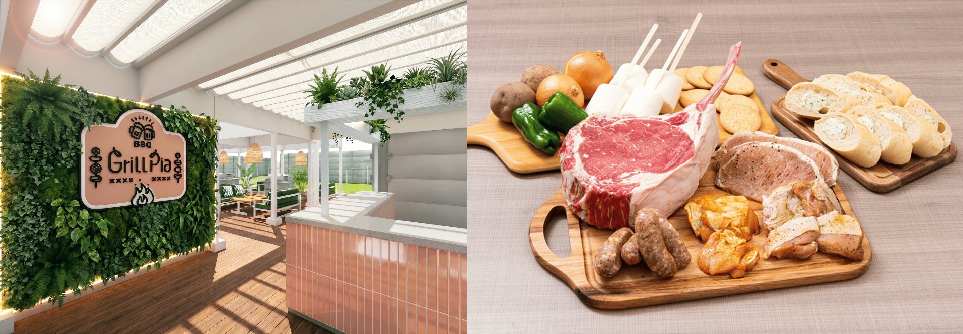 屋上BBQの「グリルピア」では、開放感のあるソファ席で豪快に焼き上げたステーキなどを味わえる。手ぶらも持ち込みも可能