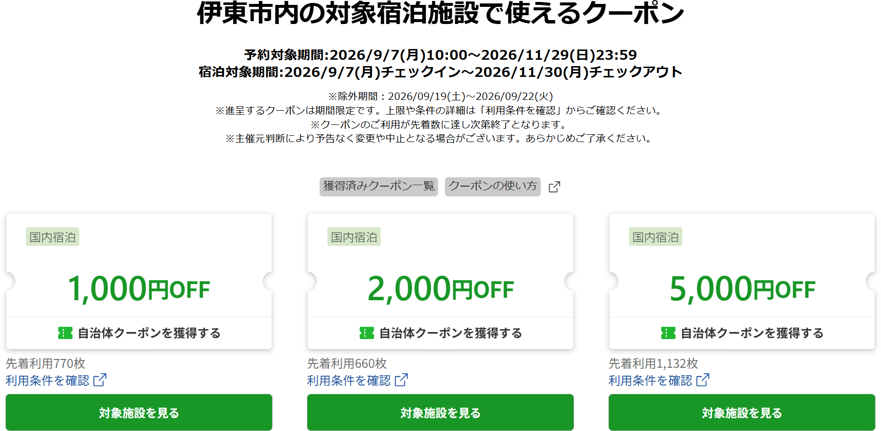 楽天トラベルでは伊東市内の458施設で使えるクーポンを配布中