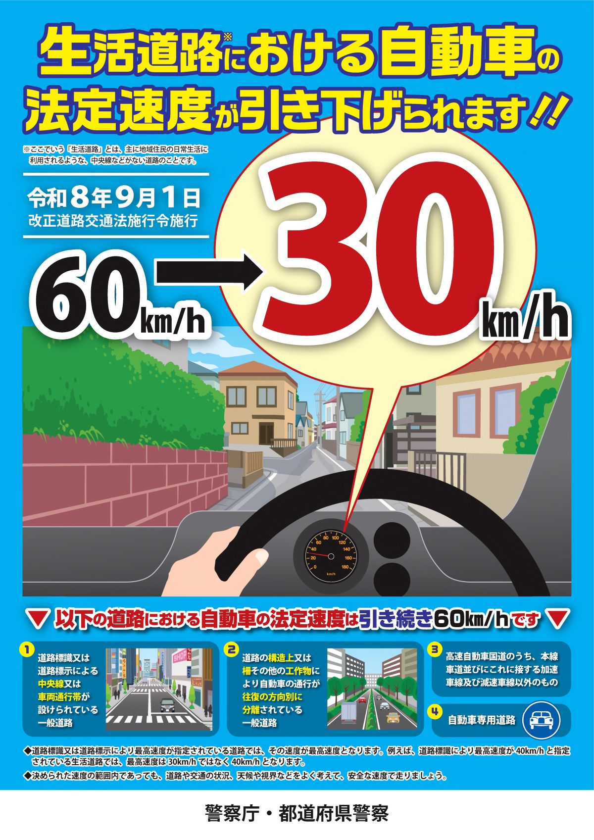 生活道路における自動車の法定速度を60km/hから30km/hに引き下げる