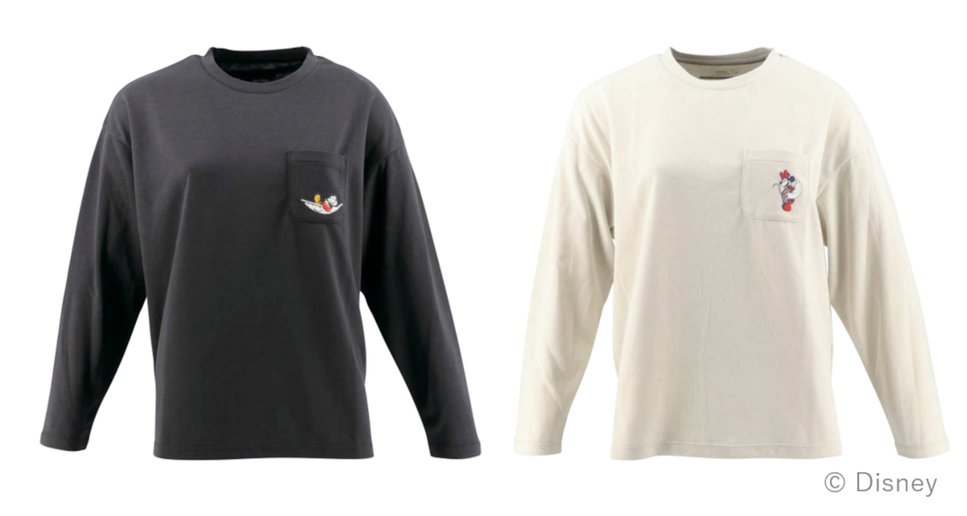 胸ポケットにはミッキー/ミニーのアートを施した長袖Tシャツ