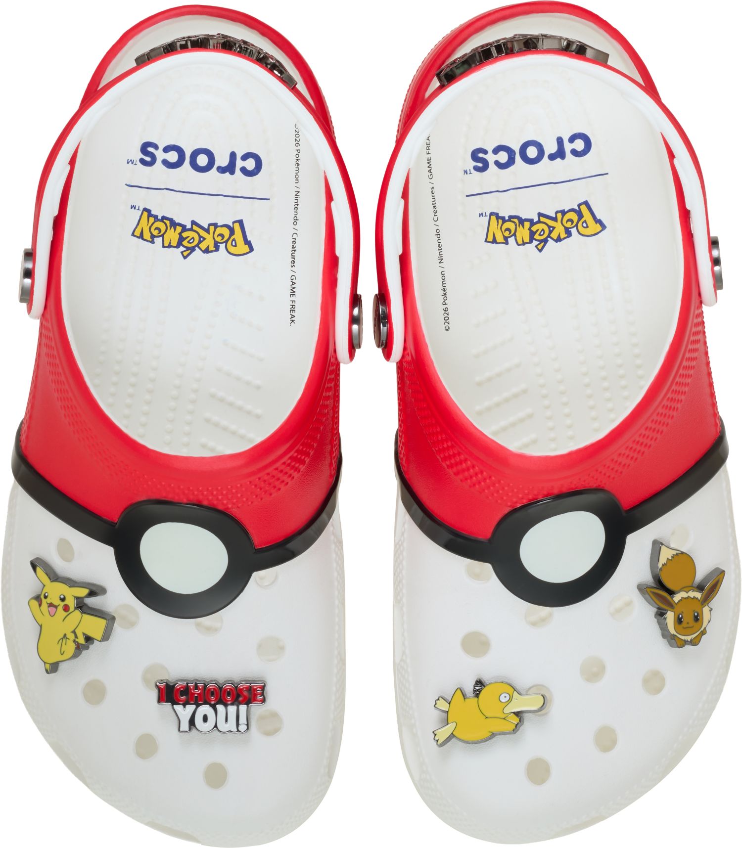 第1弾の目玉アイテム「ポケモン モンスターボール クラシック クロッグ」。ピカチュウ、イーブイ、コダックのプレミアムエナメル製ジビッツチャーム付き