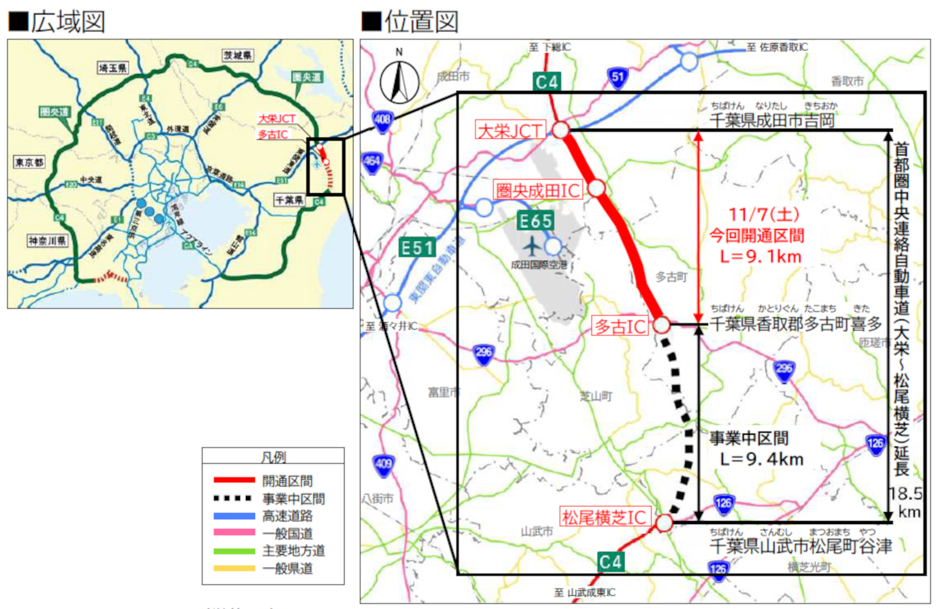 圏央道 大栄JCT～多古ICの延長が9.1km区間が11月7日15時に開通