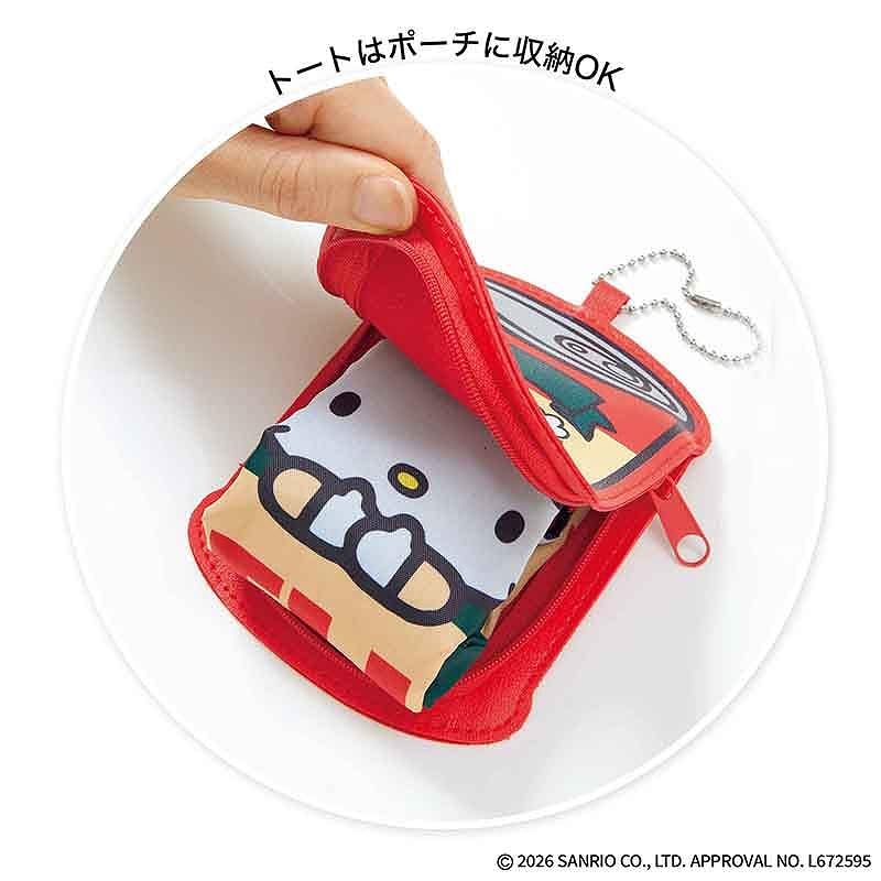 どこか懐かしいハローキティデザインのトートバッグ（約31×36.5cm）。付属のポーチ（10.5×13.5cm）はトートを収納しても、これ単体で小物入れとして使っても◎