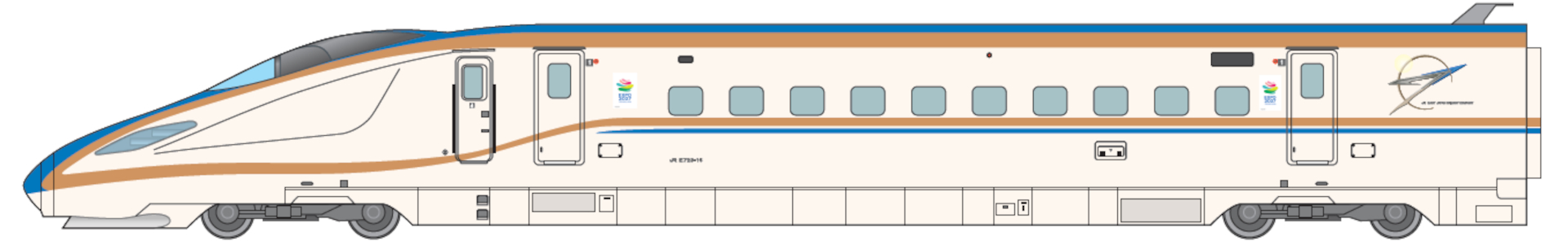 「GREEN×EXPO 2027」ラッピングの上越・北陸新幹線 E7系（12両・1編成）。主にかがやき/はくたか/あさま/とき/たにがわとして運行予定（東京～新潟間、東京～敦賀間）