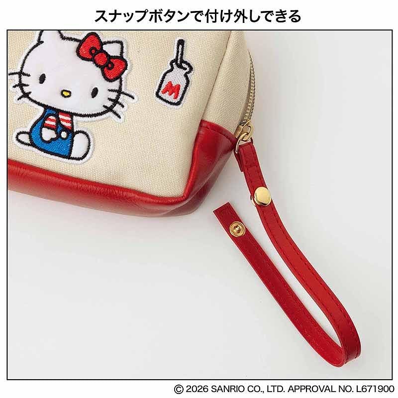 コールマン×ハローキティの刺繍ワッペンがレトロかわいいポーチ。携帯しやすいサイズ感で、スナップボタンのストラップ付き