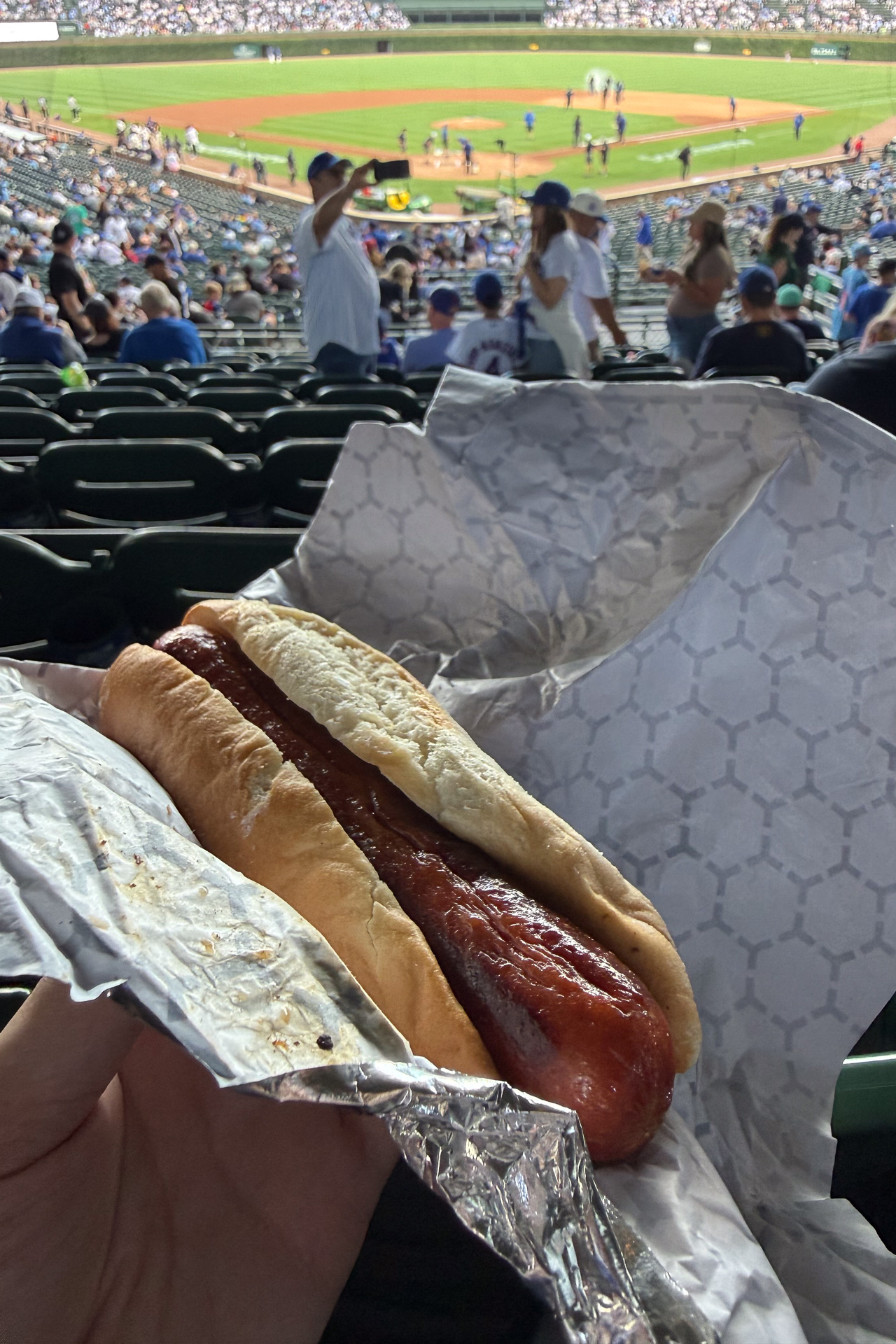 MLBのスタジアム飯といえばホットドッグ。ケチャップを使わないのがシカゴ流で、写真はマスタードすら塗っていない素の状態だが、かなり濃いめの味付け