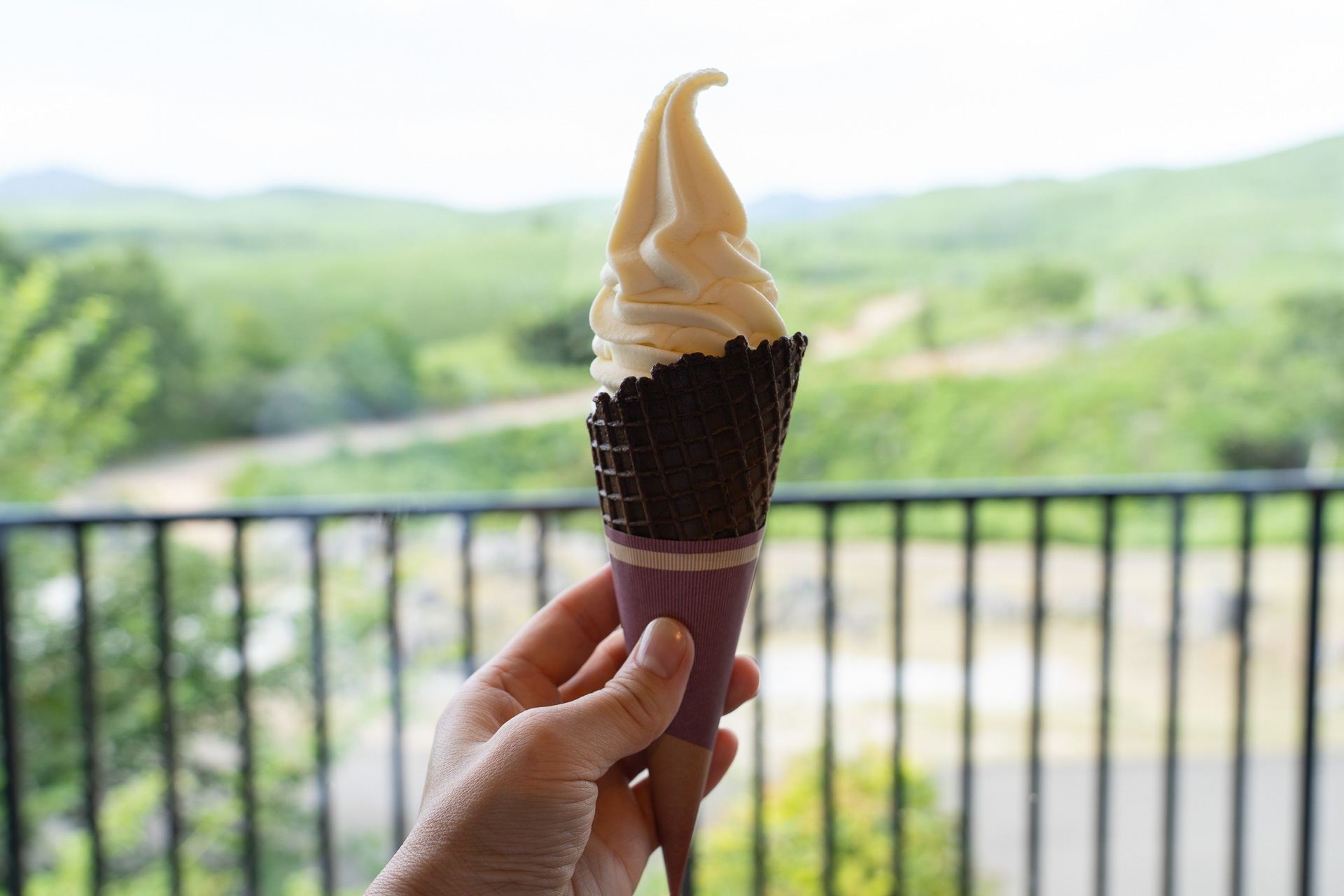 地元名産の「秋芳梨」を使った梨ソフトクリームをパクリ