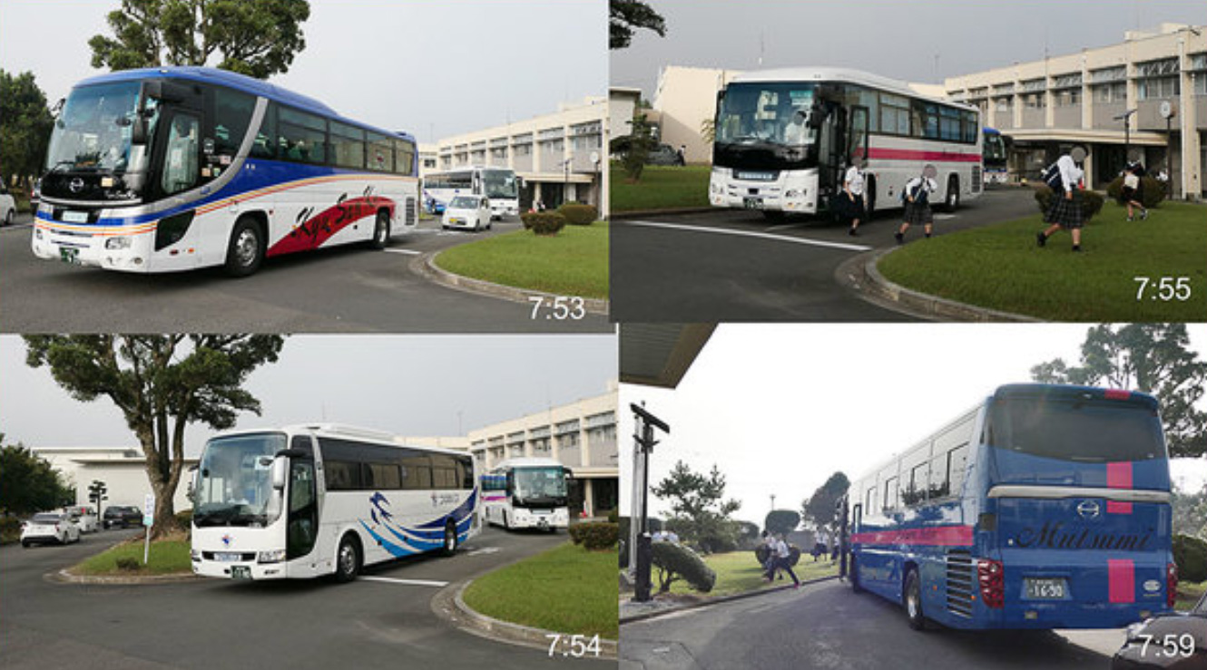 球磨中央高校の玄関先に、ひっきりなしに乗り入れる代行バス（当時の関係者に撮影許諾、2021年10月時点）