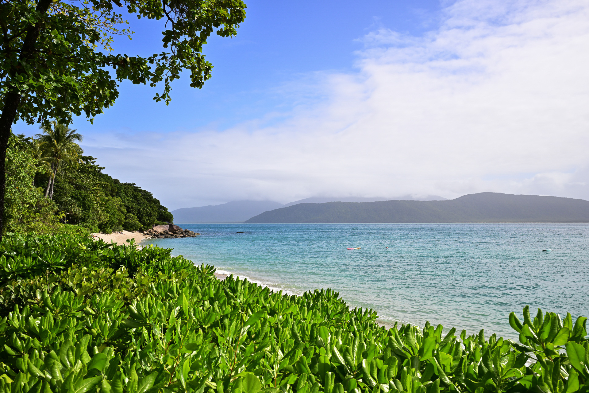 Fitzroy Islandの海岸線。白い浜と青い海、海のむこうはオーストラリア大陸