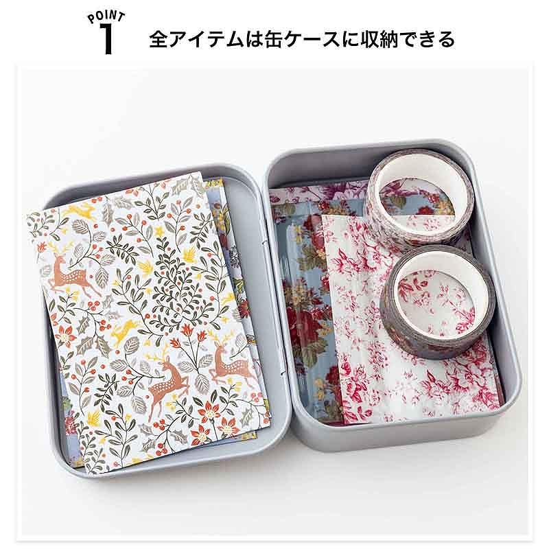 ローラアシュレイの優雅で上品な花柄いっぱいの文具セット。缶ケースに全アイテムを収納して持ち運べる