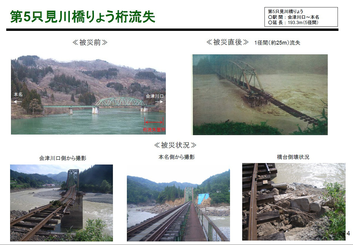 第5只見川橋梁では、一部の橋桁が流失した。平常時の写真と被災直後の写真を比較すると、被災直後には川の水位がかなり上昇していたのが分かる