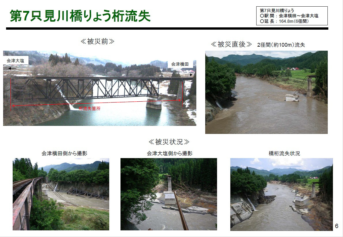 第7只見川橋梁では、川の直上にある2径間の橋桁が流失した