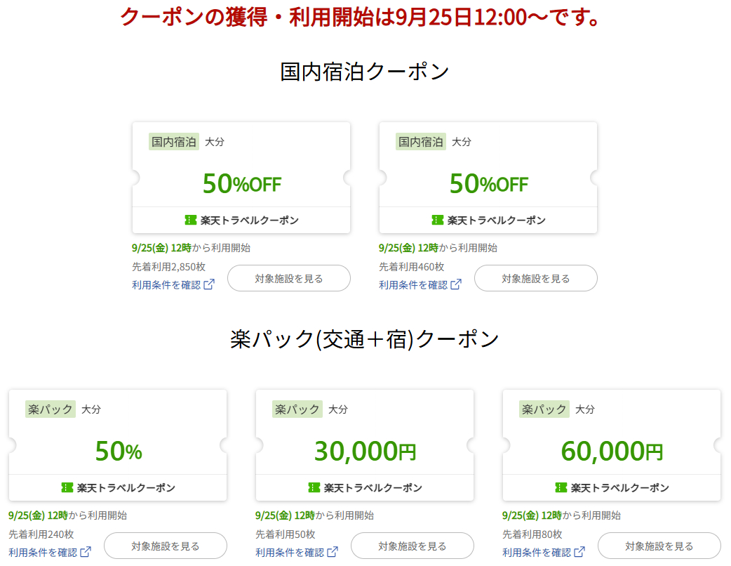 大分県内の旅行予約に使えるクーポンの割引額と配布数 ※画像を開いてからクリックで拡大