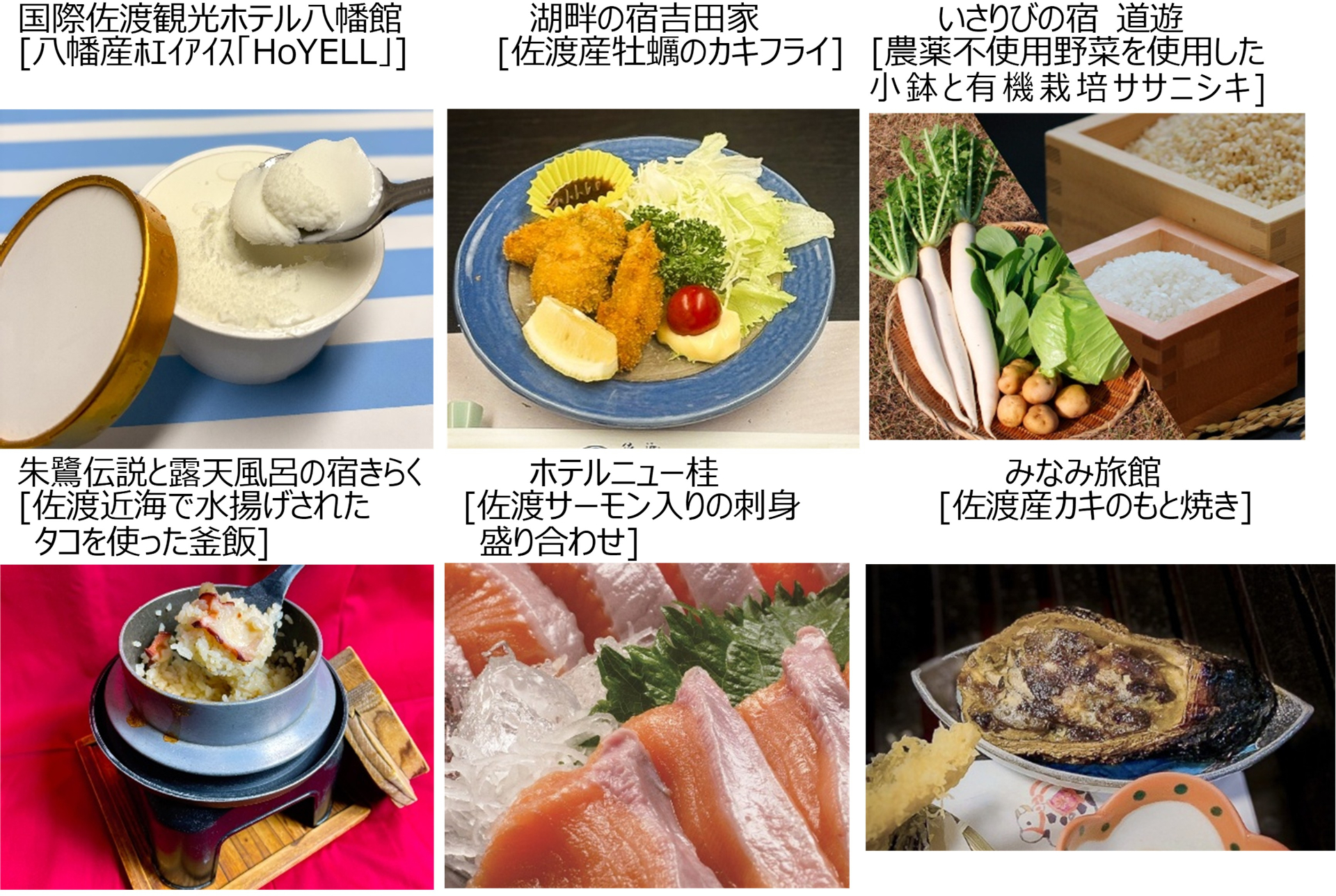 佐渡産牡蠣のフライ、佐渡近海で水揚げされたタコの釜飯、佐渡サーモンの刺身、有機栽培ササニシキなど、各宿こだわりの「おすすめの一品」を提供