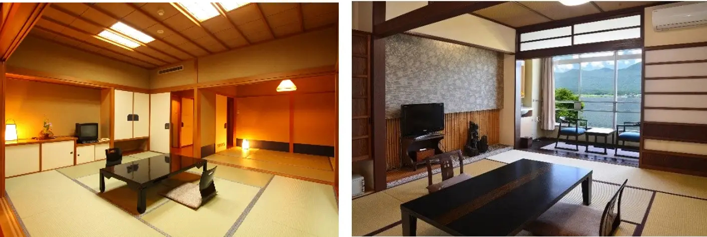 選べる宿の一例。国際佐渡観光ホテル八幡館（左）と朱鷺伝説と露天風呂の宿きらく（右）