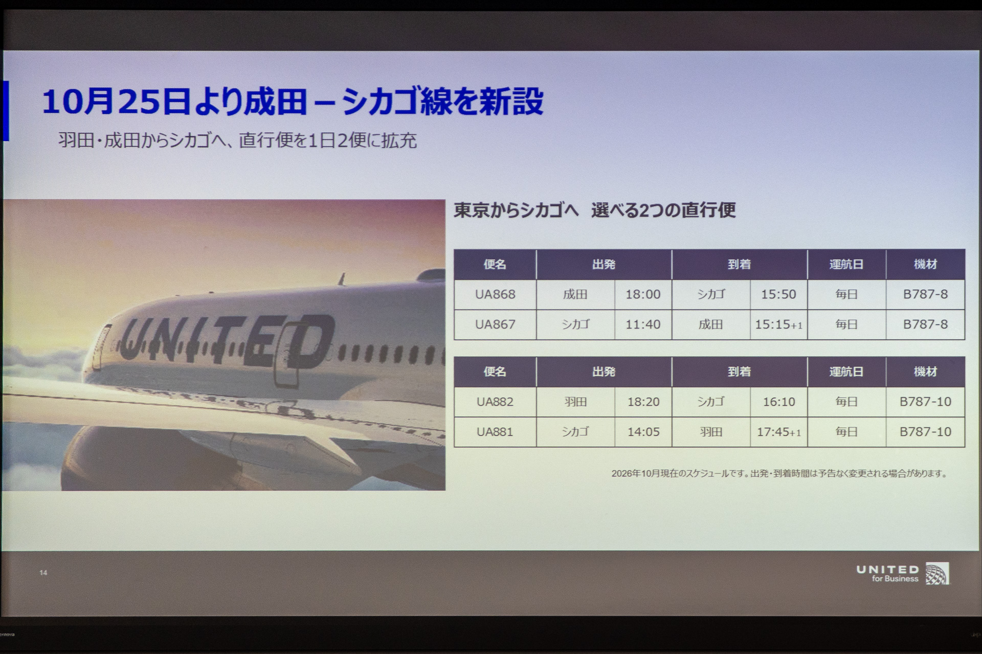 10月25日にユナイテッド航空の成田～シカゴ線が再開