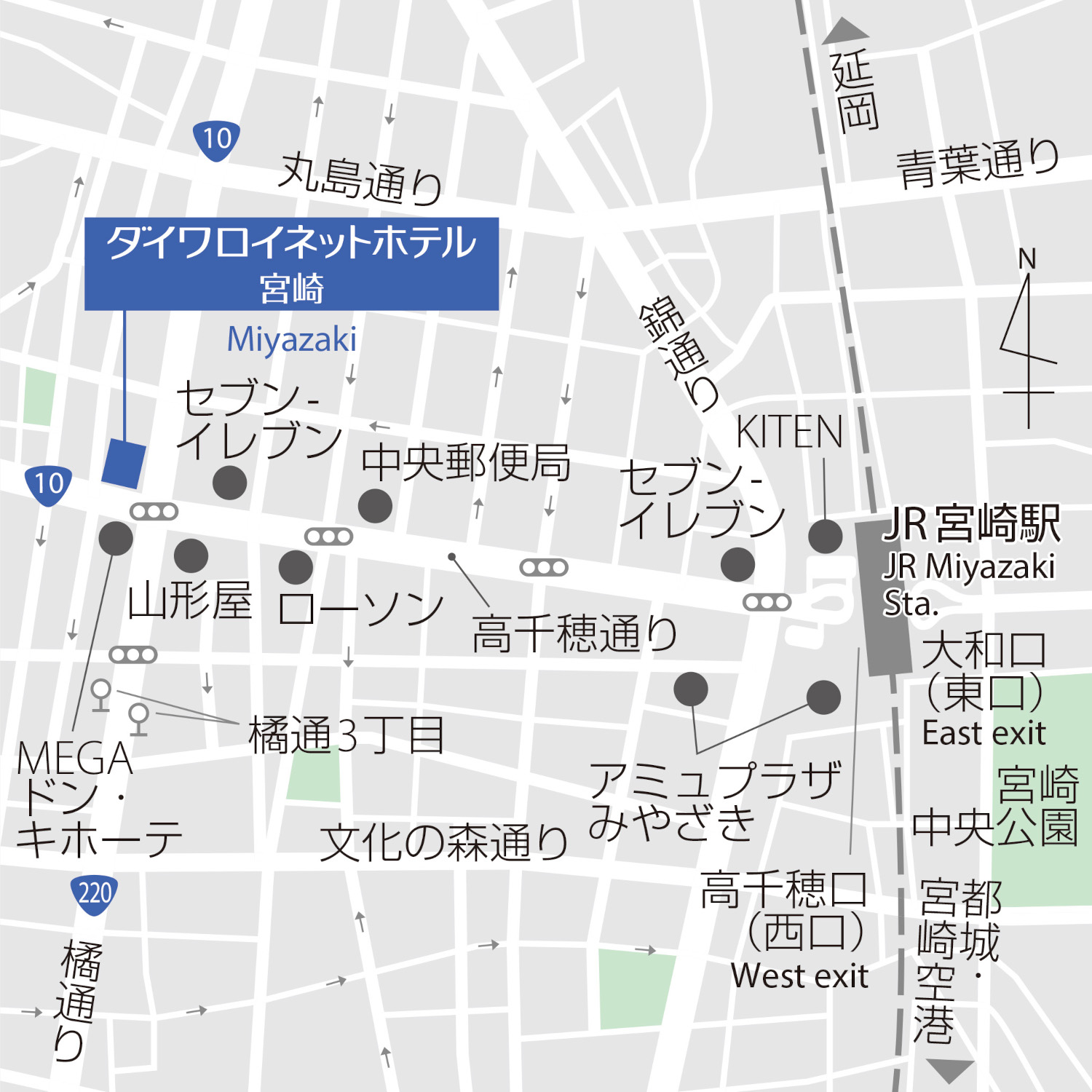 宮崎市中心市街地の「橘通3丁目交差点」角に立地。周辺には百貨店や商業施設、飲食店が集積する