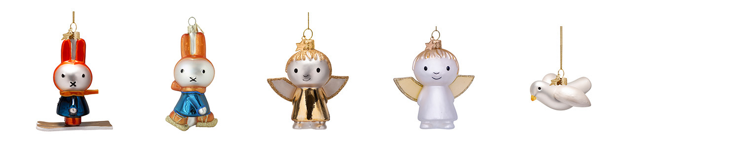 左からon ski、on ice skates、Gold angel、Angel、Dove of peace