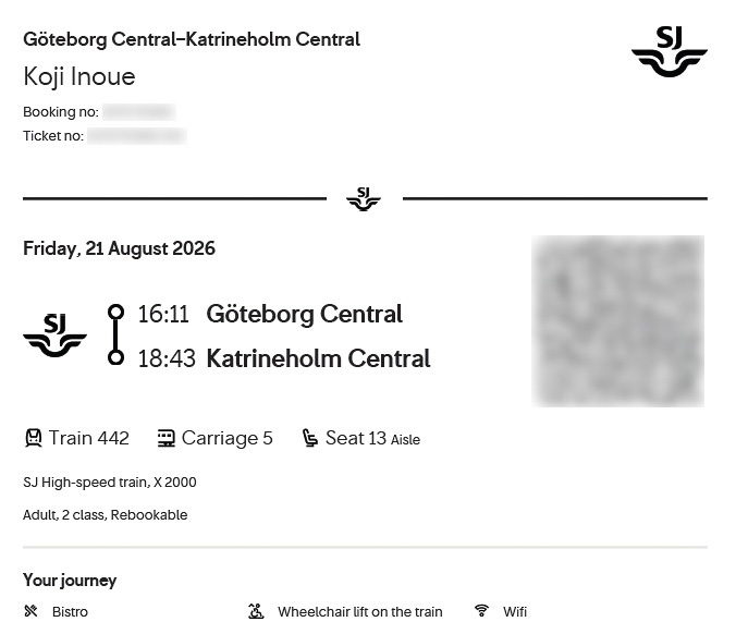 スウェーデンでネット購入したときのきっぷも、やはりメールでPDFが送られてきた。これをスマートフォンに保存しておき、検札が来たら画面を見せる（駅に改札がない代わりに検札が頻繁に来る）。なお、運行会社によってはスマートフォンのアプリで完結して画面にQRコードを表示するだけとして、PDFを送って来ない形態もある