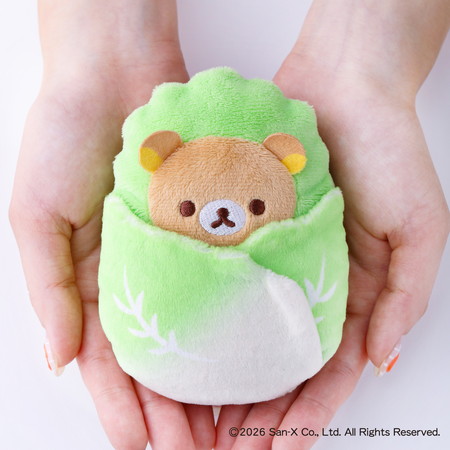 「白菜リラックマ ぬいぐるみポーチ」、サイズ約12×9cm（高さ×幅）、ボールチェーン付き