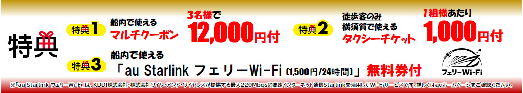 マルチクーポンやタクシーチケット、WiFi無料券などの特典付き