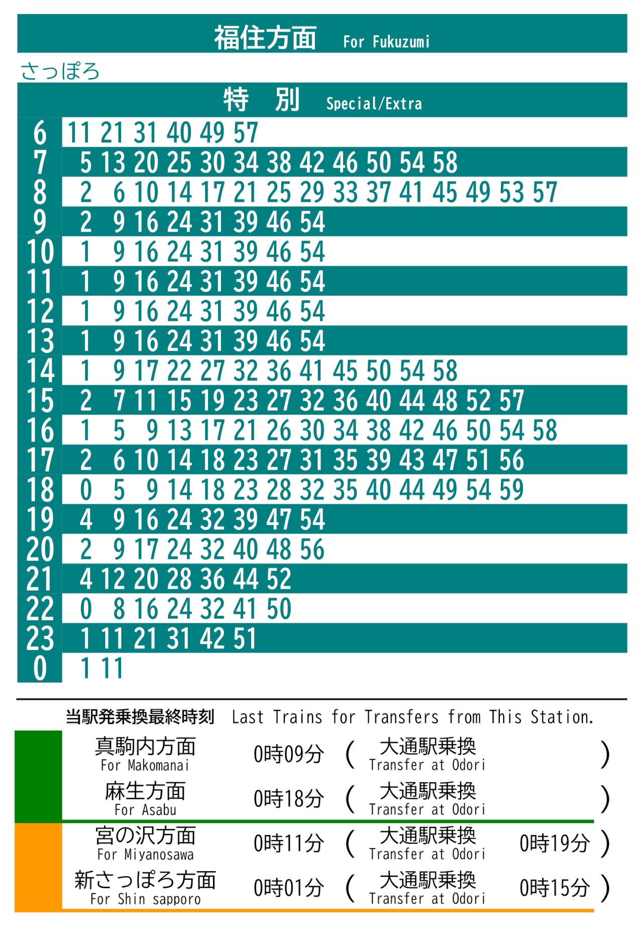 「さっぽろ駅」福住方面の時刻表（10月30日特別ダイヤ）