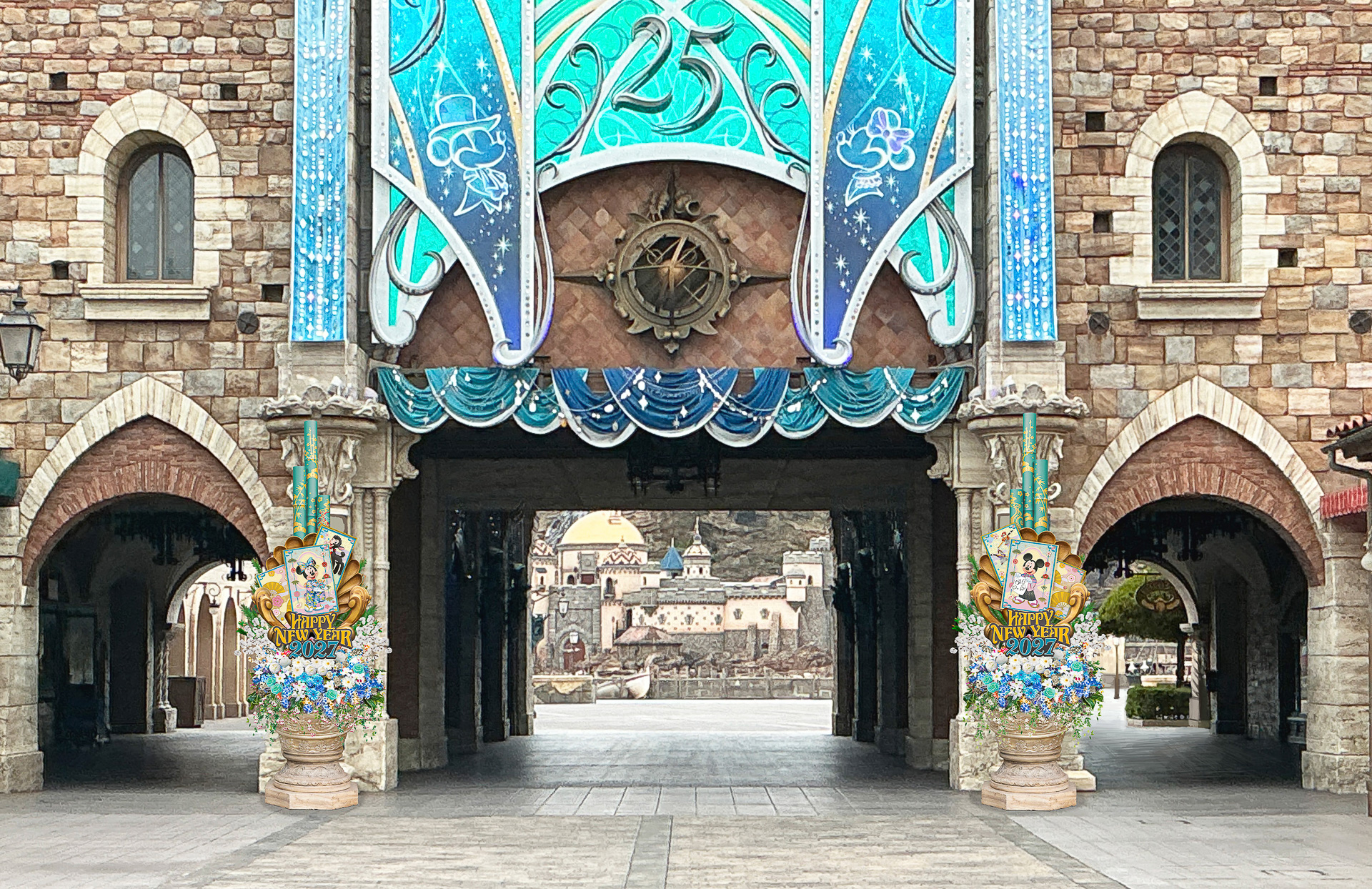 東京ディズニーシーは、「ジュビリーブルー」カラーの門松が飾られる