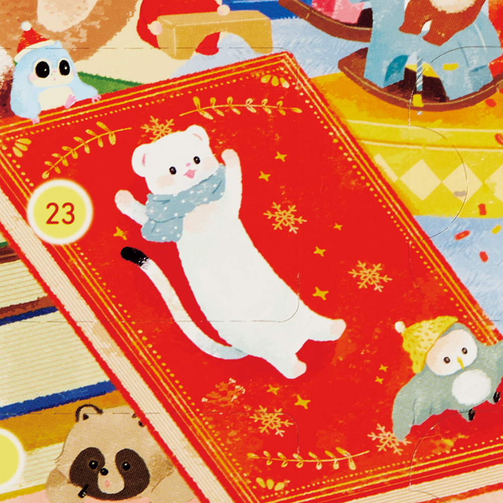 今年の化粧箱イラストテーマは「クリスマスのおへや大探検！」。小さな動物と妖精たちが子供部屋で大はしゃぎ