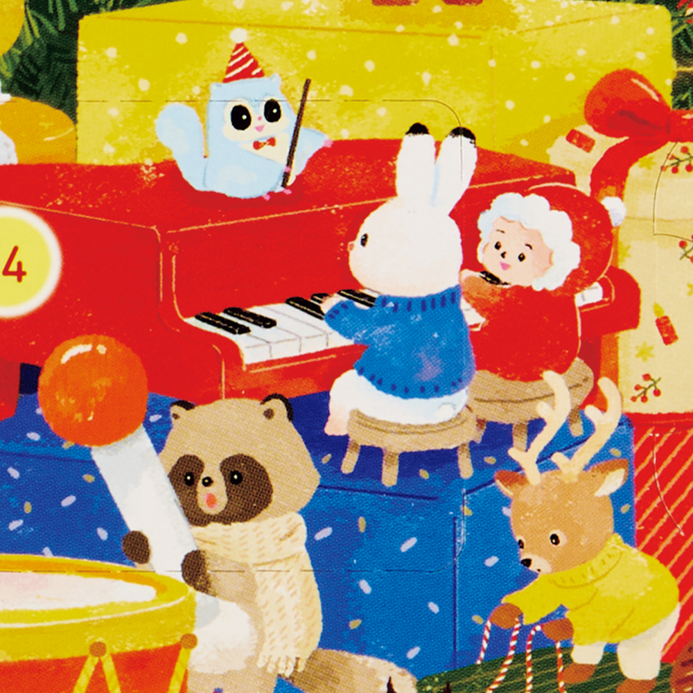 今年の化粧箱イラストテーマは「クリスマスのおへや大探検！」。小さな動物と妖精たちが子供部屋で大はしゃぎ