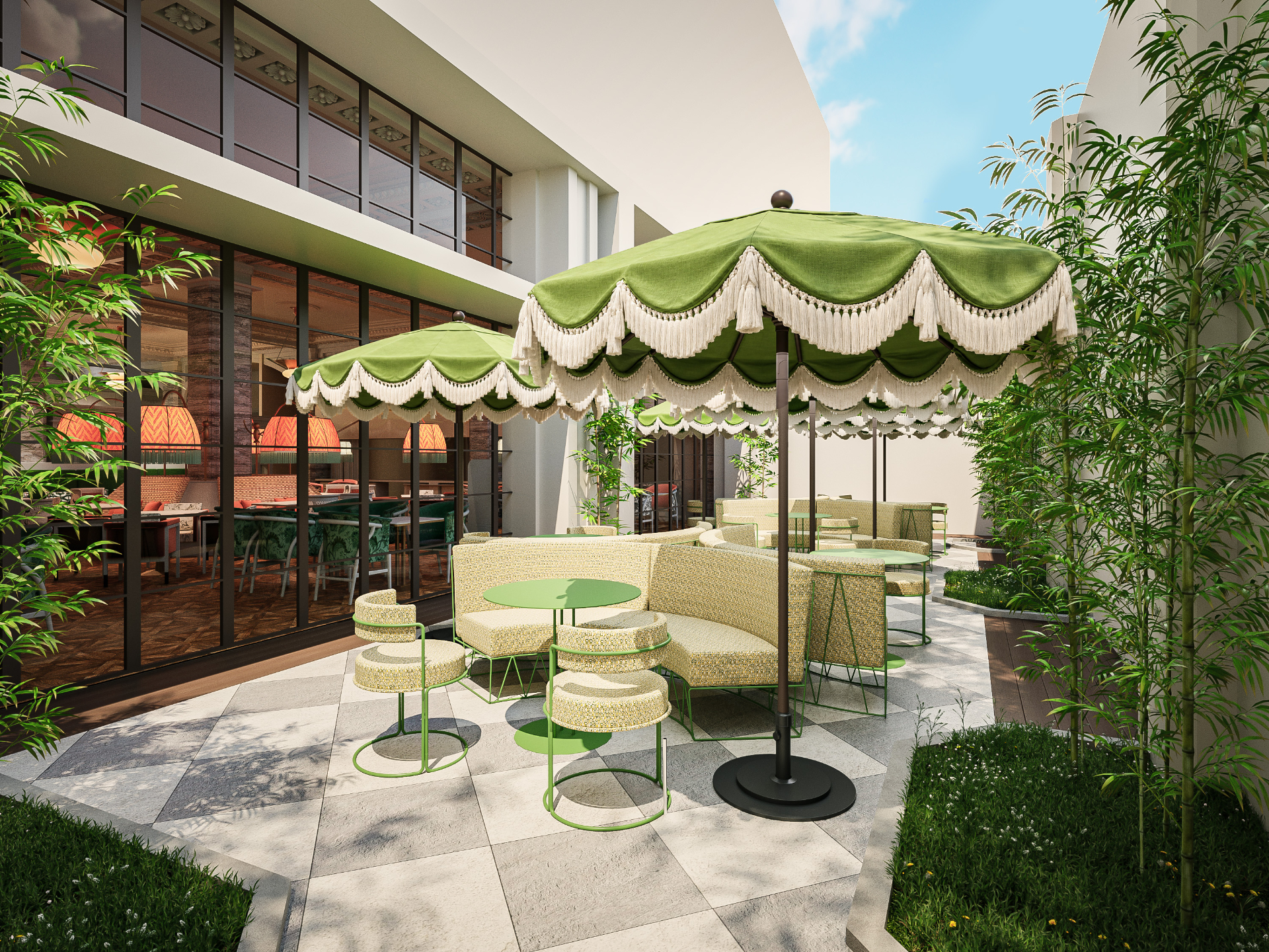 オールデイダイニング「Restaurant Deck」店内とテラス席。朝食ビュッフェ、プリフィックスのランチやパティシエ特製の華やかなデザート、夜はイタリアン/スパニッシュディナーを提供