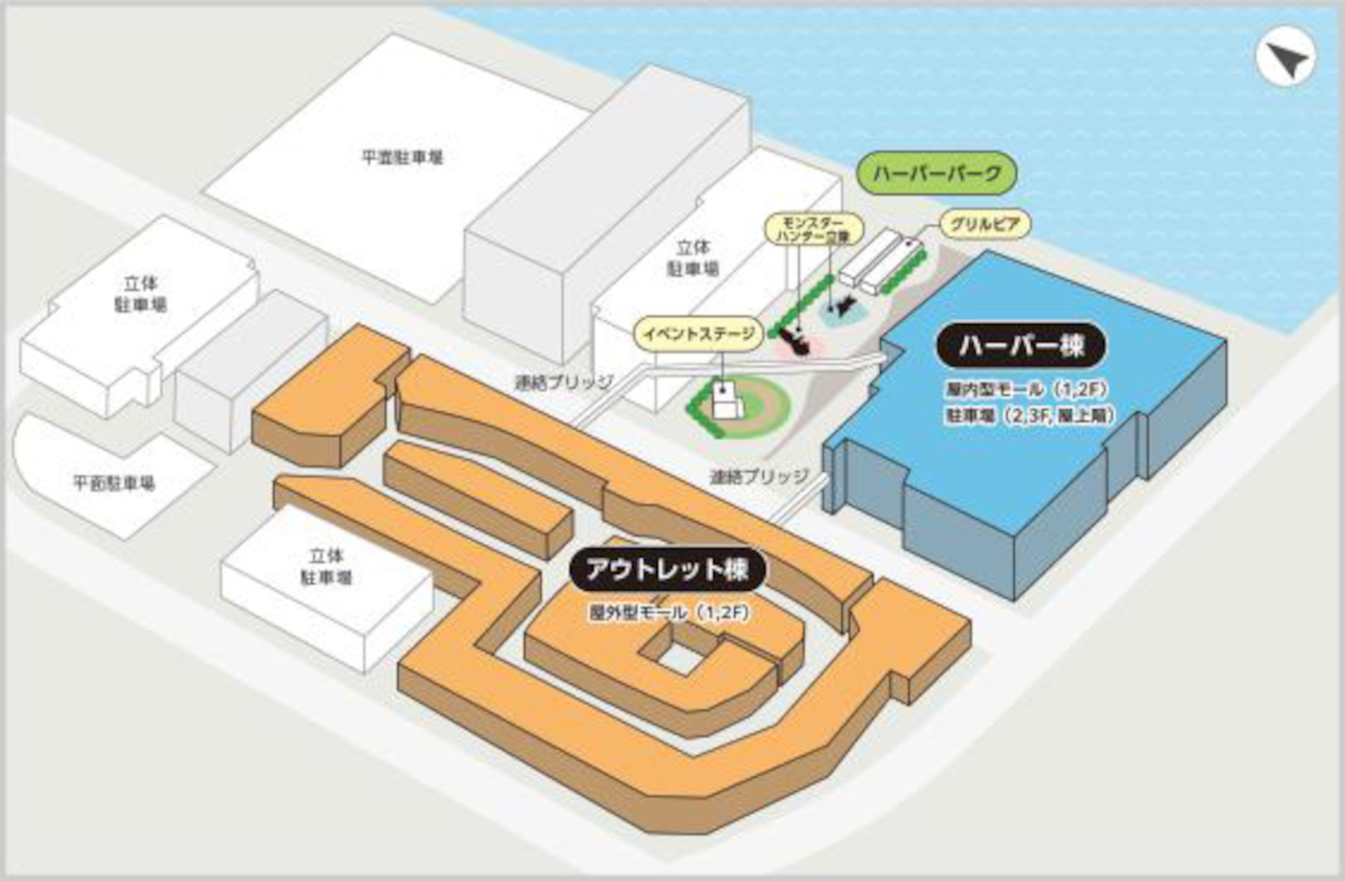 施設は海に面し、両棟は連絡ブリッジでつながる