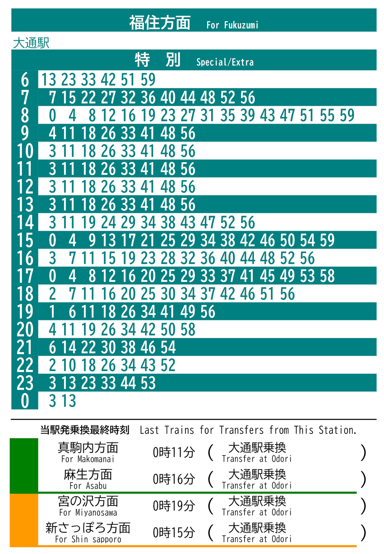 「大通駅」福住方面の時刻表（10月30日特別ダイヤ）