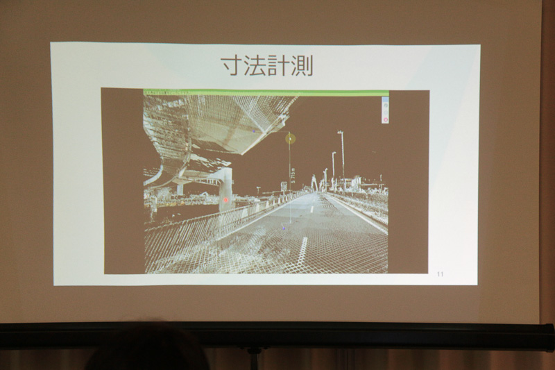 インフラドクターの解説に使用されたスライドの一部。360度の映像と点群データを走行しながら取得し、それを分析することで、さまざまな作業における精度向上と時間短縮が可能