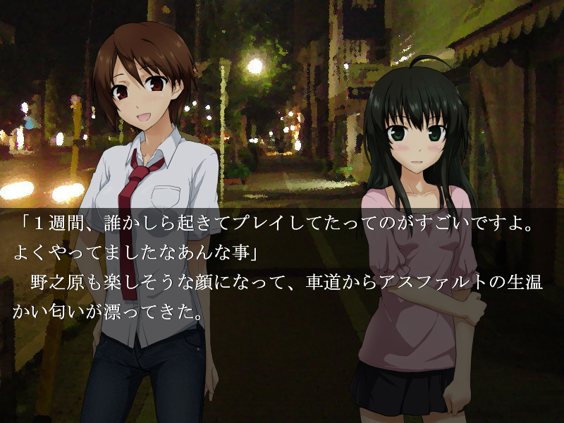 後輩の野之原（左）と先輩の機見さん（右）。彼女らの後押しもあってノベルゲーム制作を始める山賀だったが……